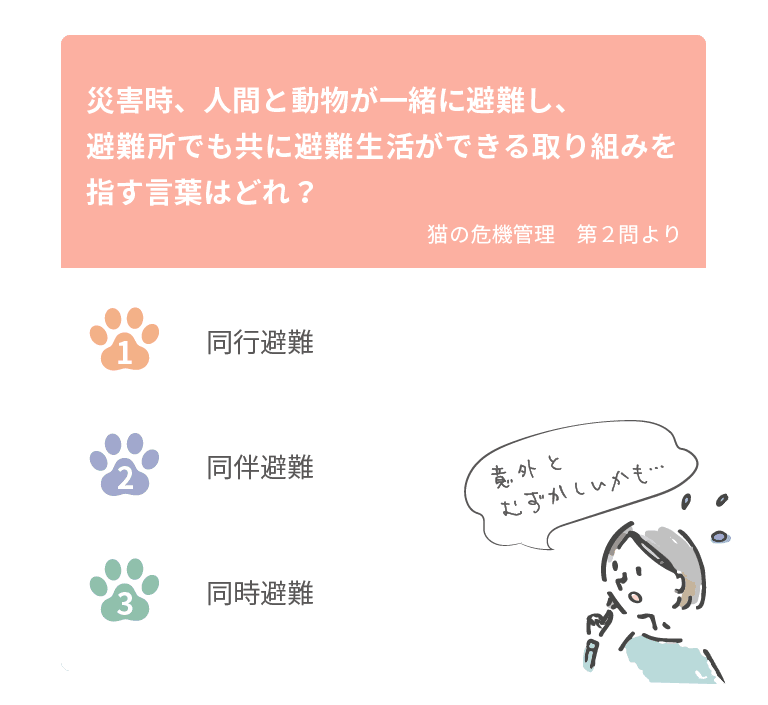 災害時、人間と動物が一緒に避難し、避難所でも共に避難生活ができる取り組みを指す言葉はどれ？（猫の危機管理 第２問より）１．同行避難　２．同伴避難　３．同時避難
